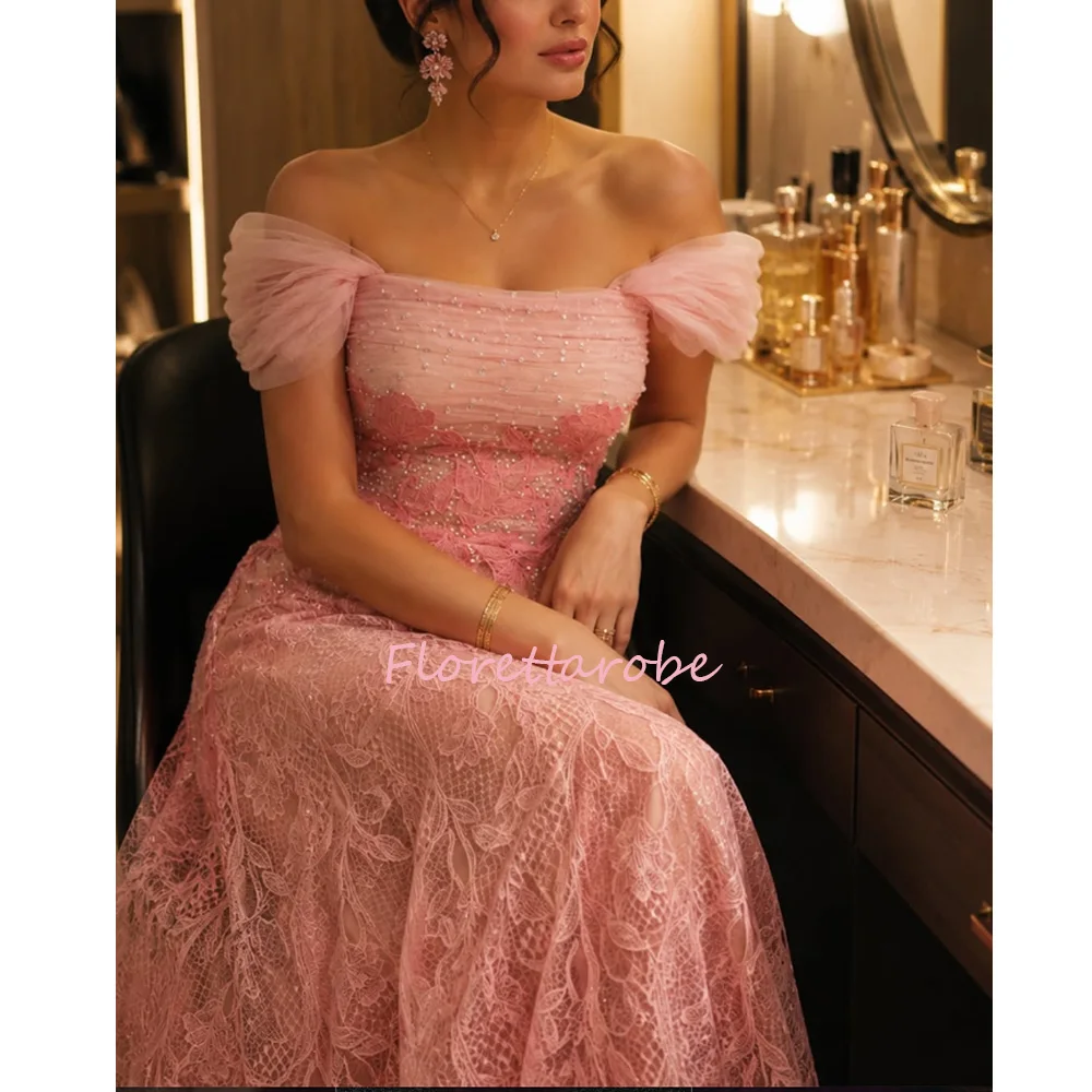 Pink Lace Prom Dresses Off Shoulder Beading Appliques Evening Dress Celebrity Party Dress For Women  فساتين سهره فاCustomized