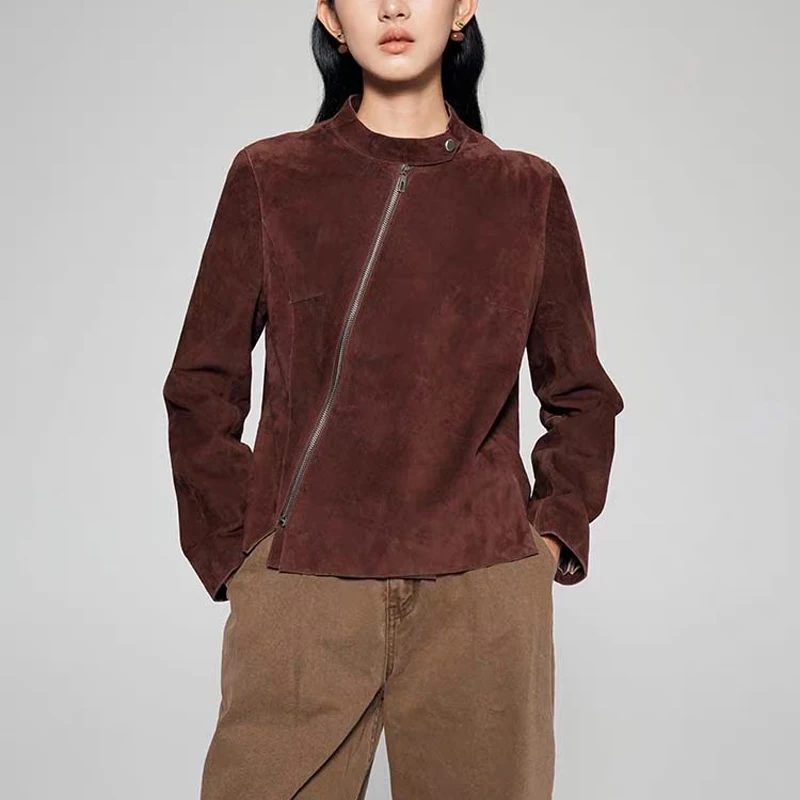 Retro Vintage chocolate brown Kid Suede Jacket for Women New High Sense Loose Leather Suit Blazer Female Casual Coat Streetw
