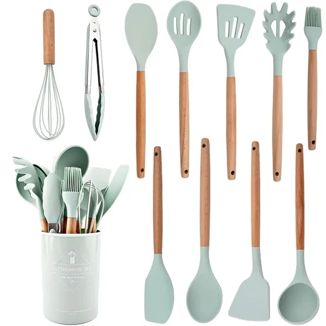 

12pcs Non-Stick Silicone Utensils with Wooden Handles - High-Temperature Resistant. Includes Spatulas, Spoons, and Bucket