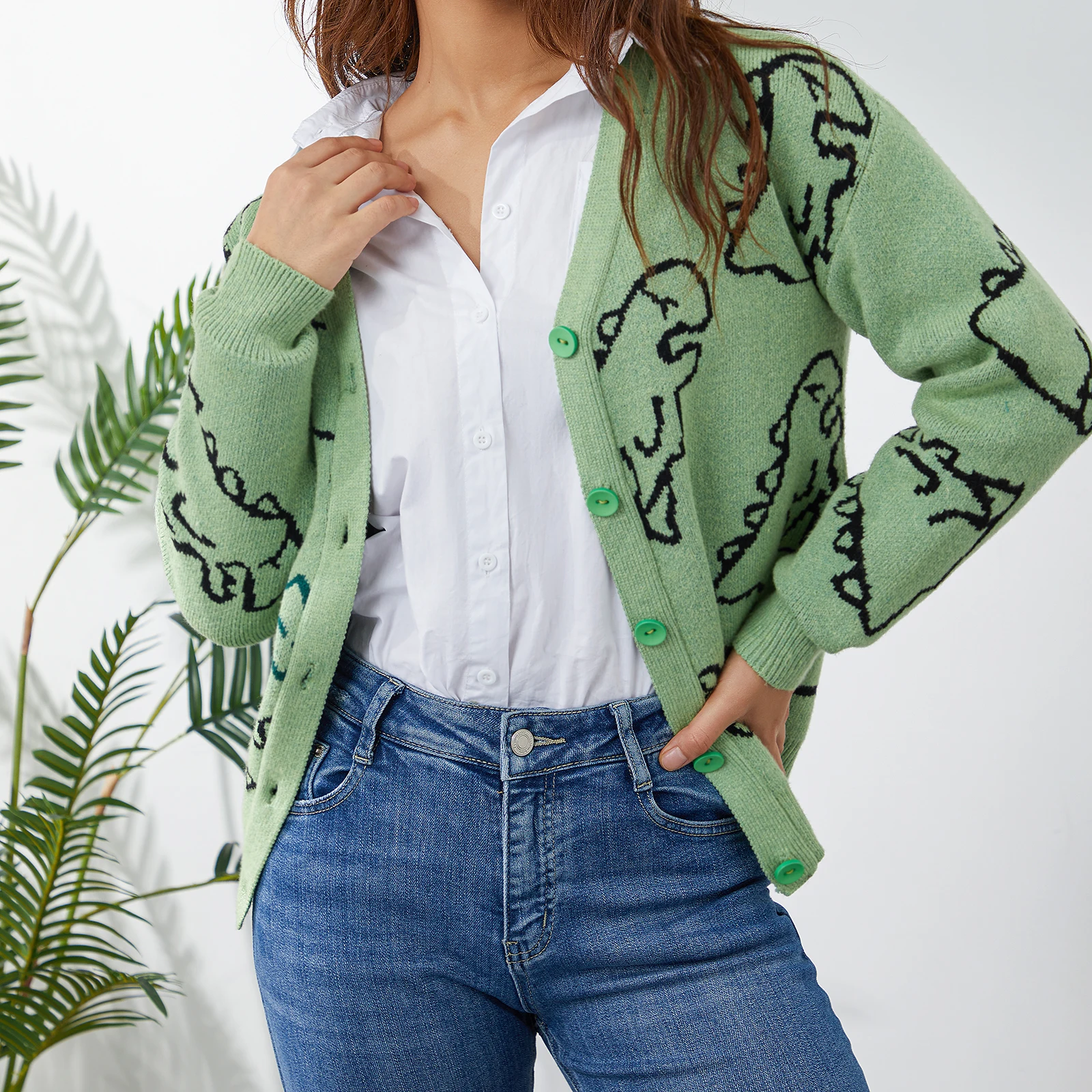 Cárdigan de punto suelto de manga larga con estampado de dinosaurio para mujer y hombre, ropa informal de otoño con botones