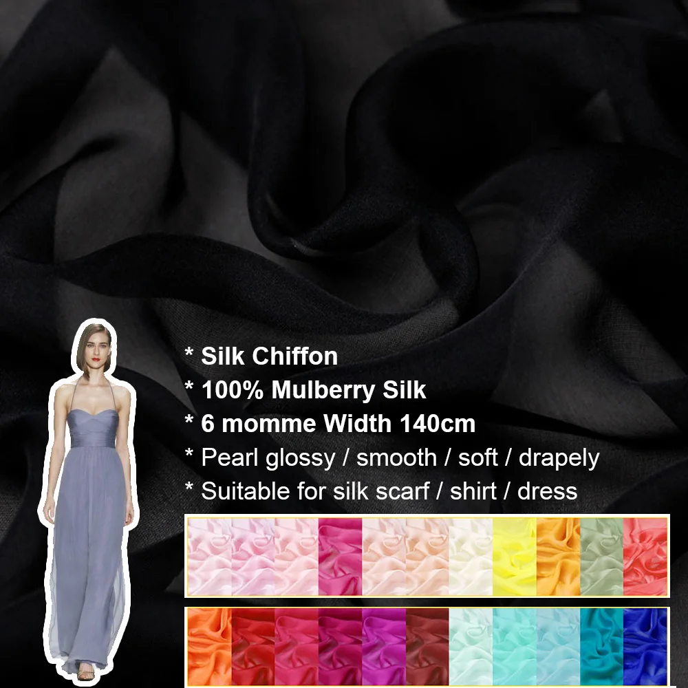 Luxury Thin Tulle Fabric 100% Natural Silk Chiffon 6 momme Width 140cm Sewing Cloth Sale Per Mater For Scarf/Shirts/Dresses