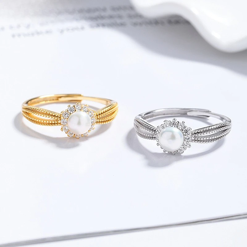 S925 Sterling Silver Flower Ring For Women Zircon And Pearl Open Adjustable Design Luxury Niche Elegant Finger Jewelry
