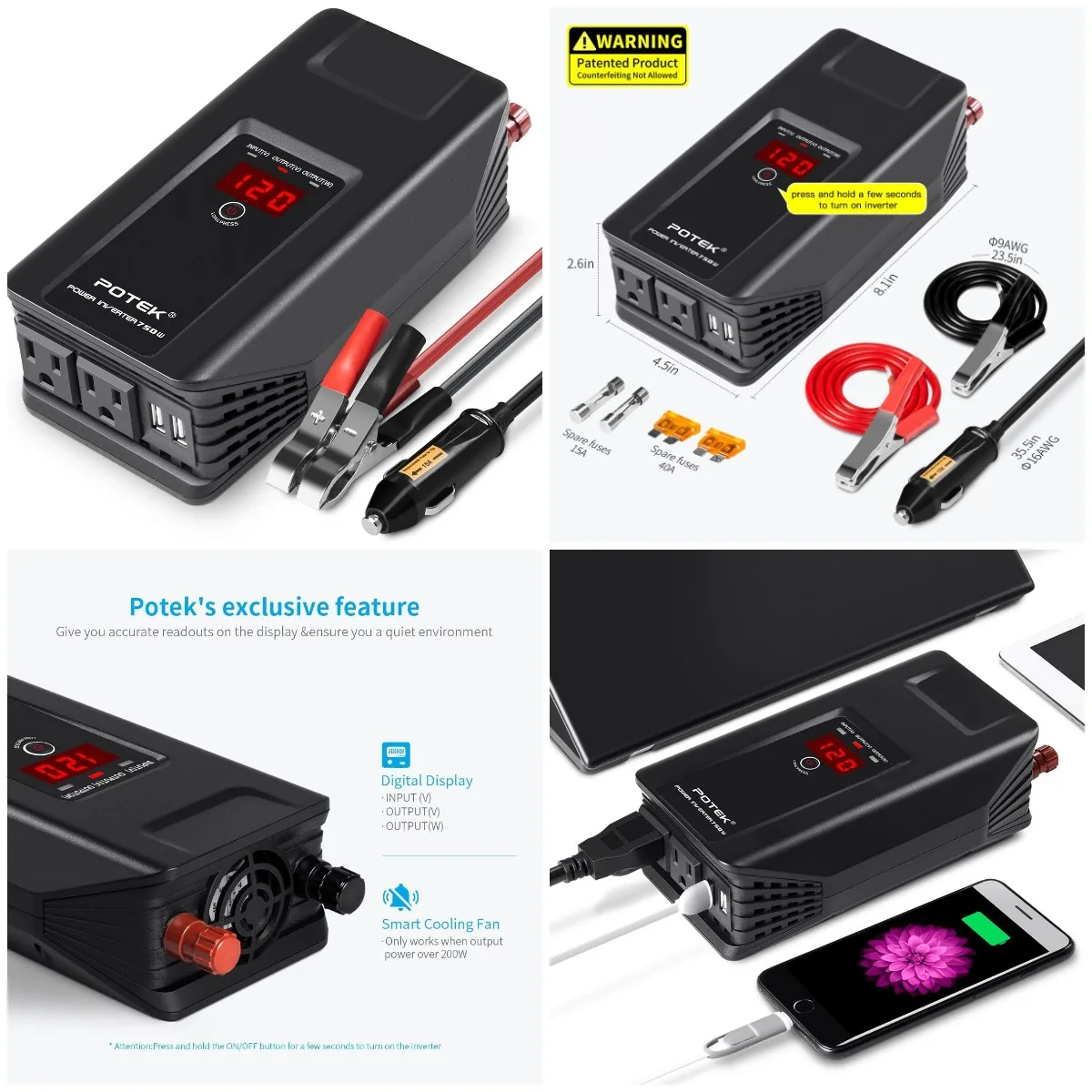 

750W Inverter 12V to 110V Car Adapter with USB & AC Ports for Laptop, Phone, Camera
