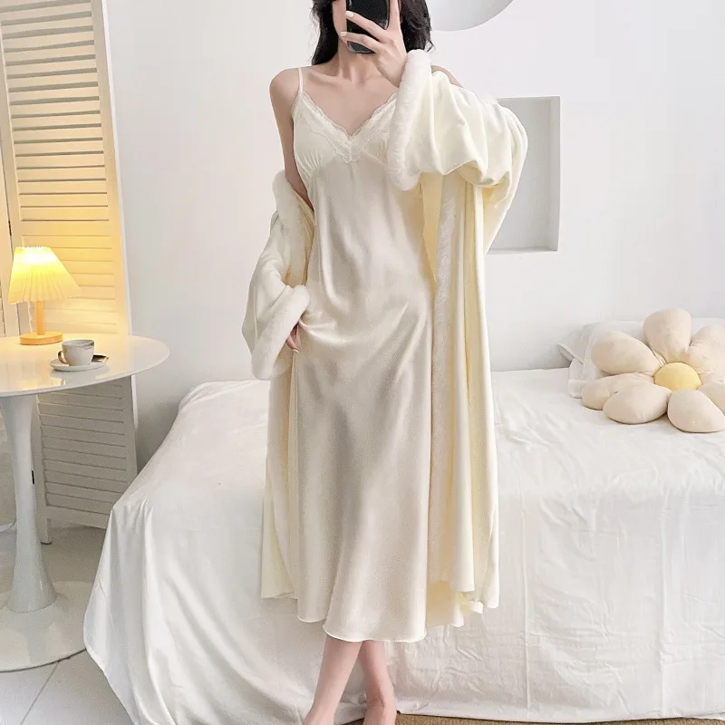 Robe Sets Night Dress Women Satin Sleepwear Bride Bridesmaid Wedding Gift Sexy Lace Nightgown Kimono Bathrobe Gown
