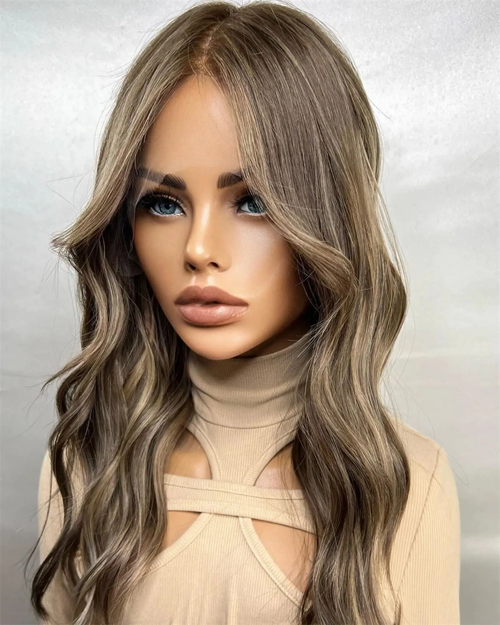 22 Inches Caramel Brown With Dark Roots Synthetic Lace Front Wig Preplucked Hairline 28 Inch Long Body Wave Wig High Quality Wig
