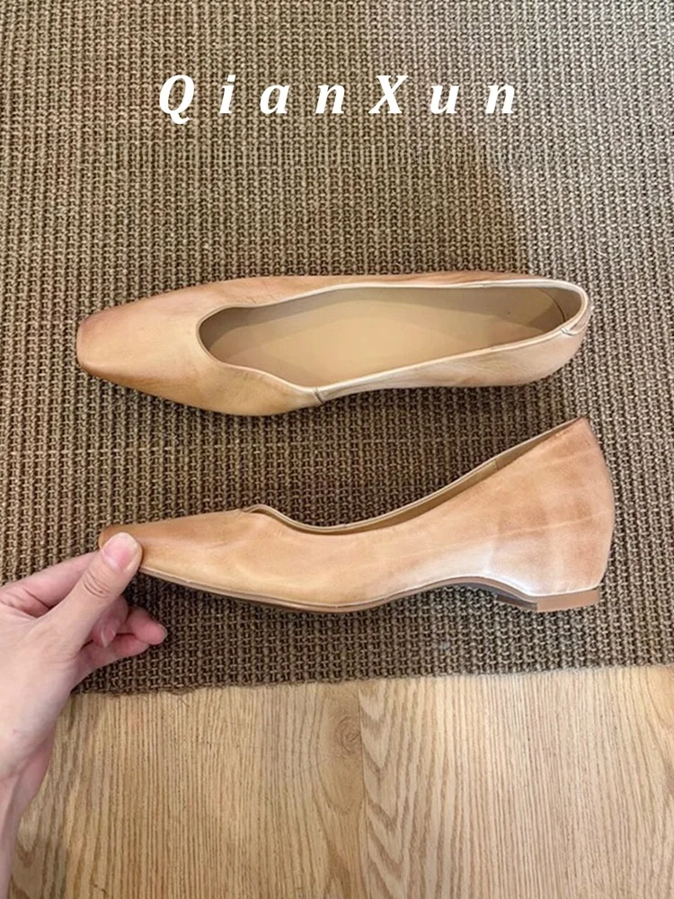 

Lamb Skin Retro Artistic Style Women's Increased Height Leather Slip-On Work Shoes Simple Square Head Versatile Commuting Shoes