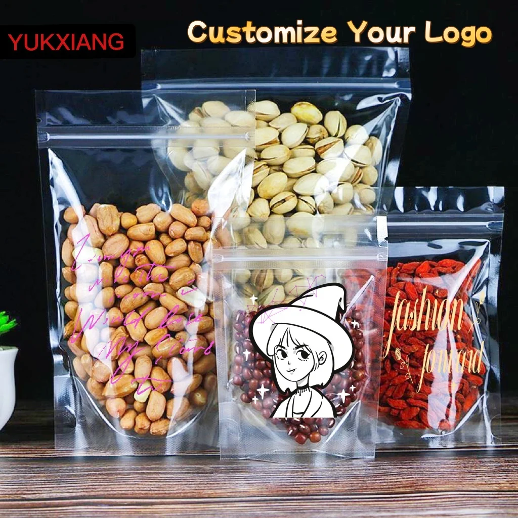 Transparent Waterproof Self-Supporting Plastic Bag, Zipper Convenient Storage, Snack, Cereal, Nut, Candy Custom Bag, 100Pcs