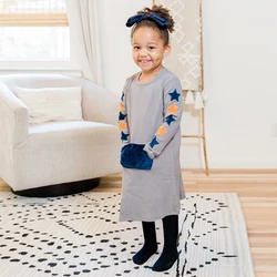 Girl dress autumn winter ribbed cotton outfit clothes girl dress round neck stars on sleeves kids girl dresses contrast pocket