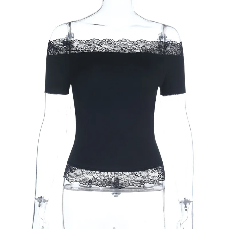 Sexy Slash Neck Off-Shoulder Kanten Tops Y2k Eenvoudige Mode Dames T-shirts Korte Mouw Casual T-shirts Trendy T-shirts