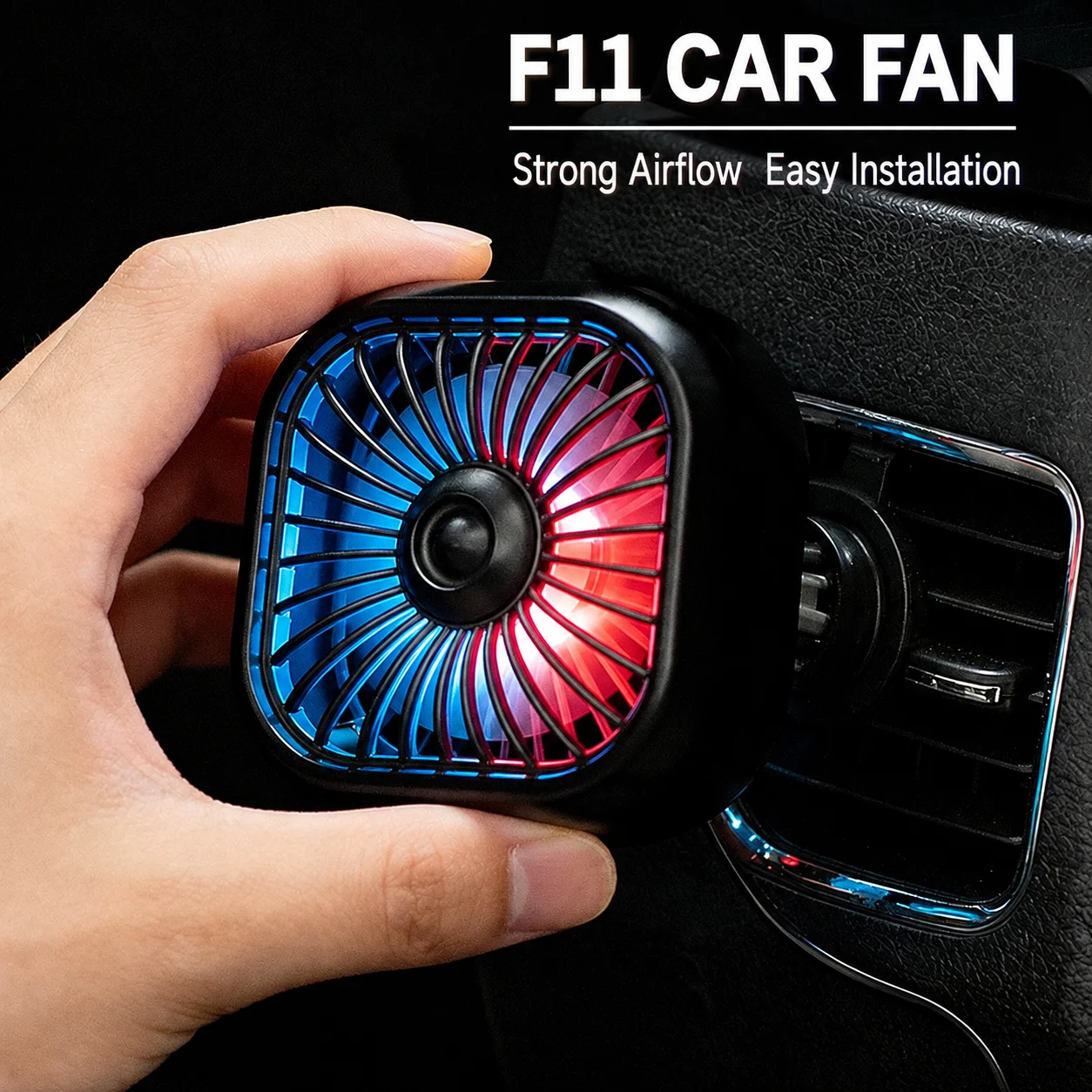Lcars Car Air Vent Small Fan, Car Rgb Ambient Light Fan, 7-Blade Turbo High Wind Power, In-Car Cooling Fan