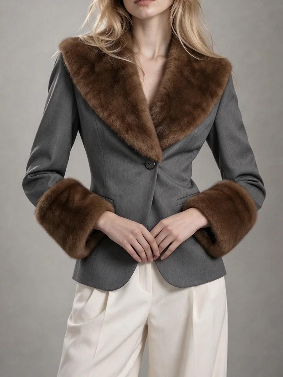 TWOTWINSTYLE Fluffy Spliced Pocket Slimming Blazer for Women Lapel Collar Long Sleeve Patchwork Button Casual Jacket Female New
