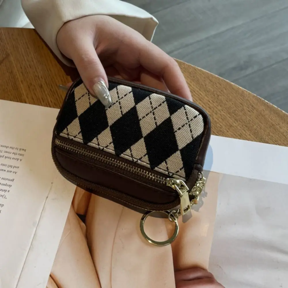 Three Layers Rhombus Plaid Wallet Solid Color Mini Zipper Coin Purse Earphone Pouch Korean Style Small Item Bag Outdoor