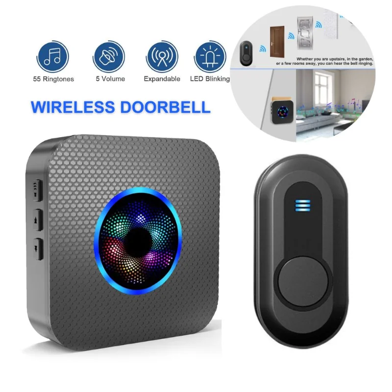 Colorful flashing wireless smart doorbell, 55 music, 5 volume levels, loud enough for classrooms and family apartments