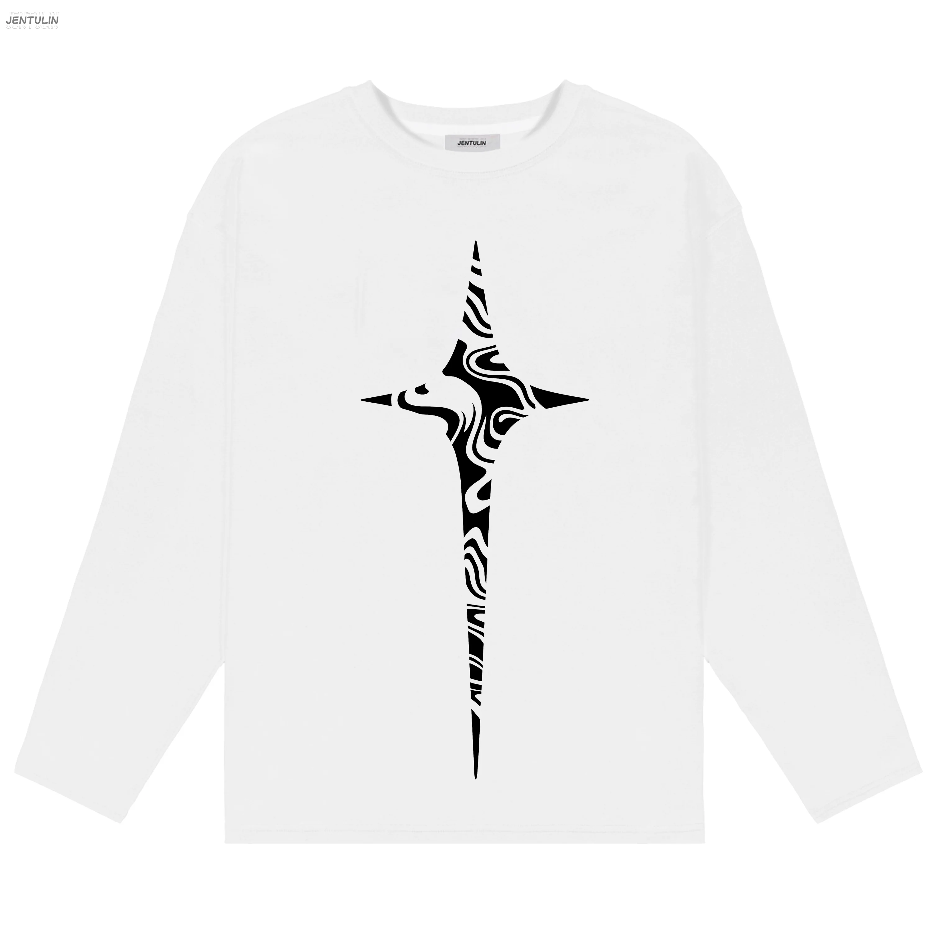 Oversized Long Sleeve T-shirt Star Cross Graphic Print White Crew Neck Tee, Y2K Gothic Streetwear Loose Casual Top Unisex