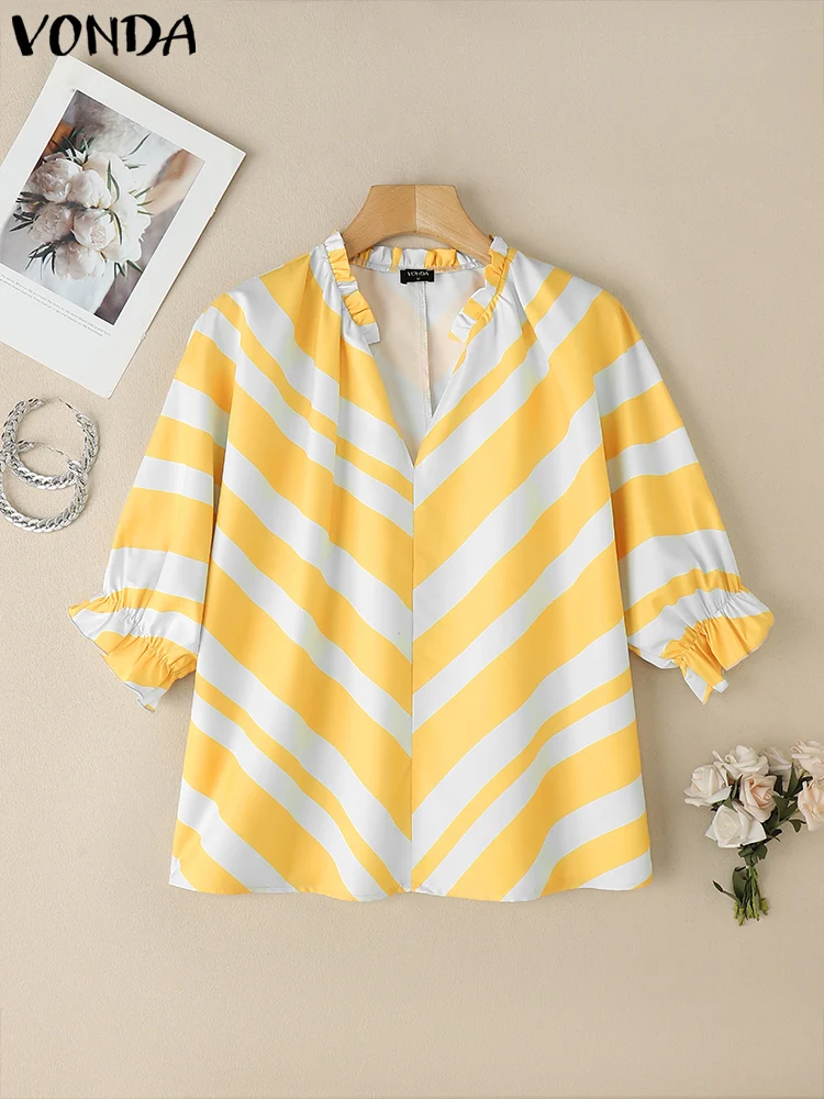 

VONDA Summer Women Blouse Stripe Shirt V Neck Half Sleeve Tops Tee Oversize Streetwear Casual Blusas Tunic Women's Clothing