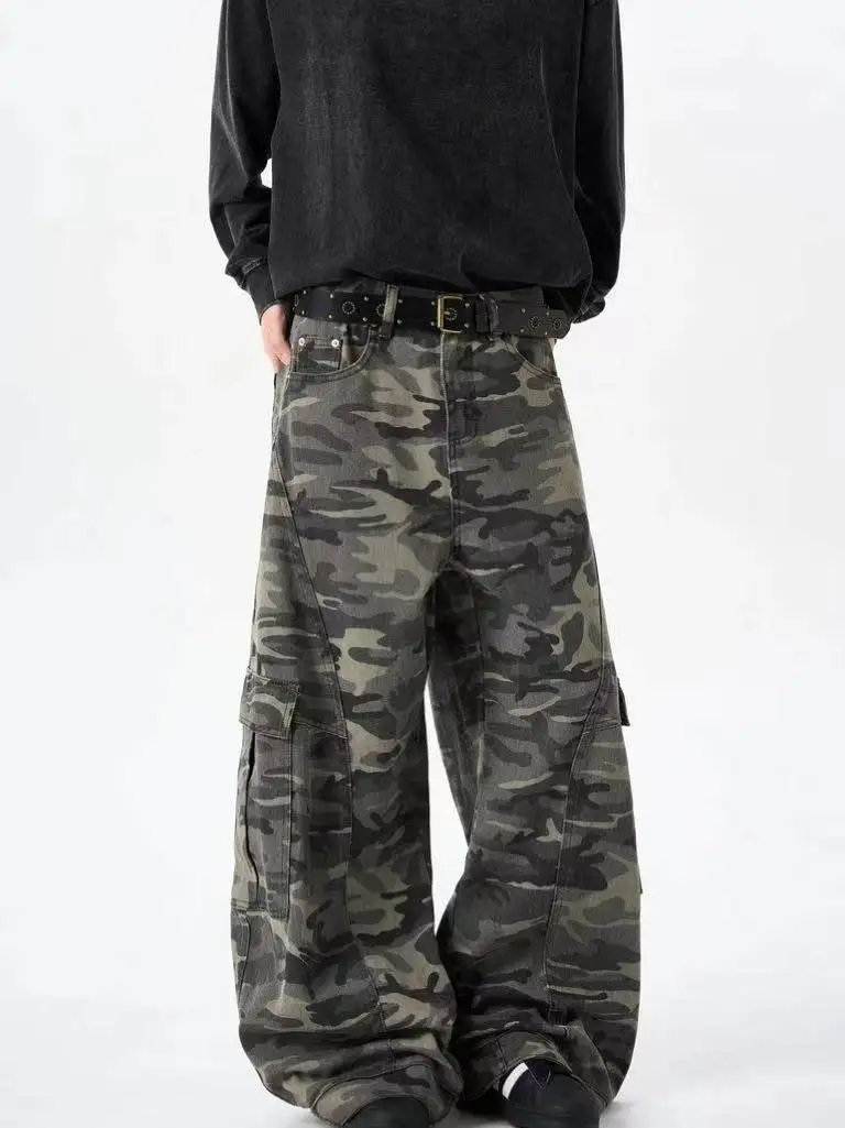 Amerikaanse retro camouflagemesjeans met wijde pijpen ex Loose Fit werkkleding High Street Trend Jeugd Casual katoenen denim