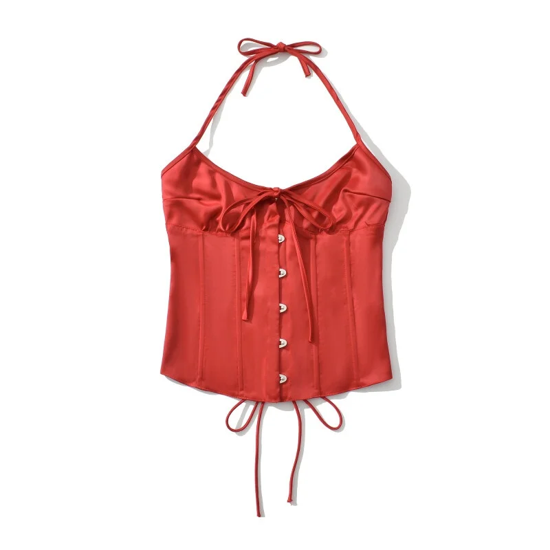 Summer Halter Corset Top for Women Satin Tie-up Down Bustier Sexy Cropped Tank Tops 3 Colors for Party Daily Wear