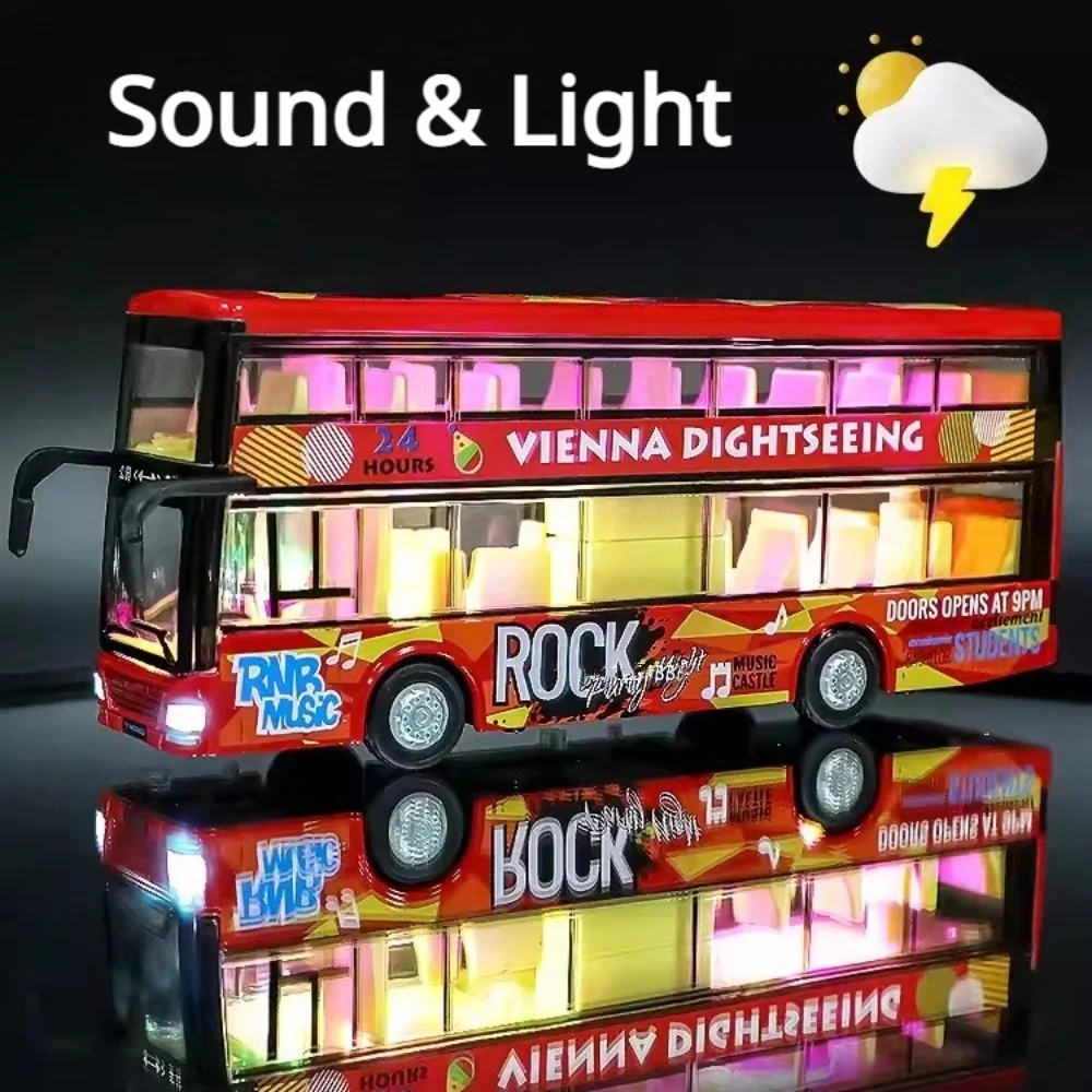 1：36 Hong Kong Double-decker Bus Diecast Alloy Model Simulation Voice Broadcasting Sound and Light Toy Car Model  Children Gifts