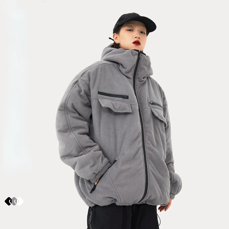 

Men American High Street Parkas Tricolor Drawstring Fleece Thicked Outwear Hip Hop Unisex Oversize Coats 2022 Fahion New Winter