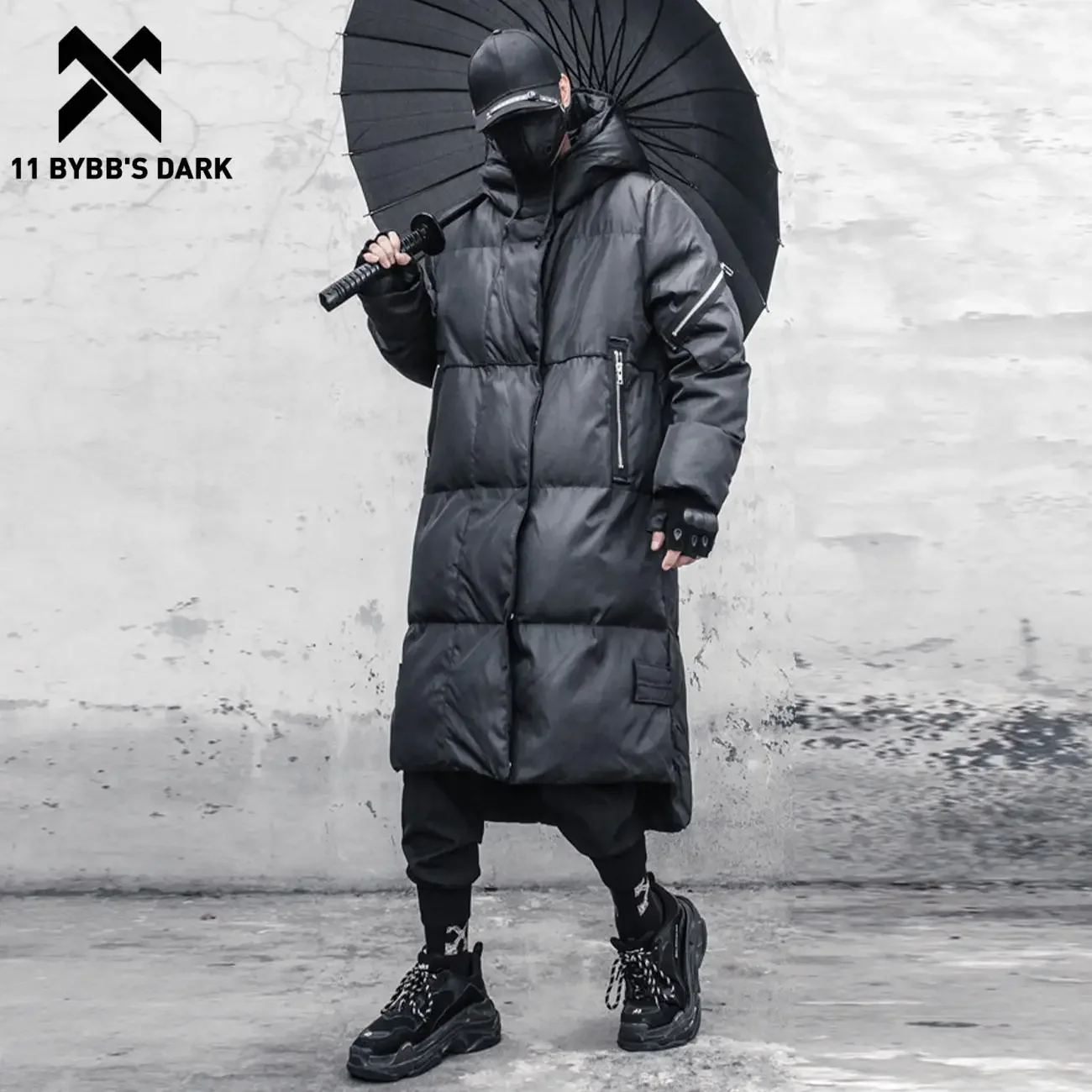 11 BYBB'S DARK Winter Thick Coats Men Techwear Fake Zipper Hooded Padded Long Parkas Jacket Streetwear Black Overcoat Outwear