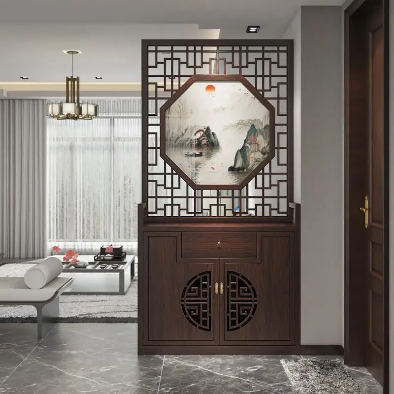 

New Chinese-style screen partition entrance living room simple modern entrance hollow cover decorative solid wood locker grille