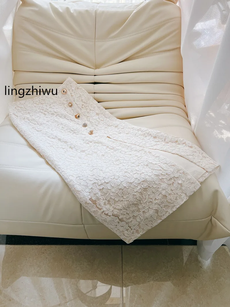 lingzhiwu Lace Skirt 2024 Spring French Designer Slit Elegant Ladies All Match Skirts Whtie Female New Arrival