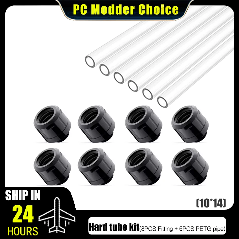 Freezemod OD14mm Hard Pipe Fitting Kit, Smooth Surface Hand-Tighten Compression Conenctor & PETG Tubing, 8+6 Combo Pack 4 Colors