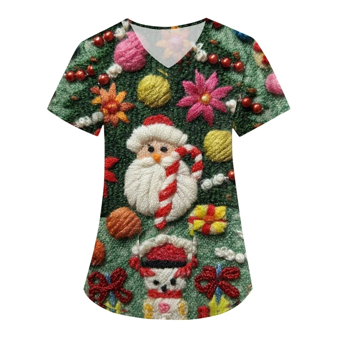 여성용 슬림 플로럴 프린트 탑스 브이넥 여성 수의사 유니폼 반팔 더블 포켓 스트레치 브이넥 스크럽 유니폼