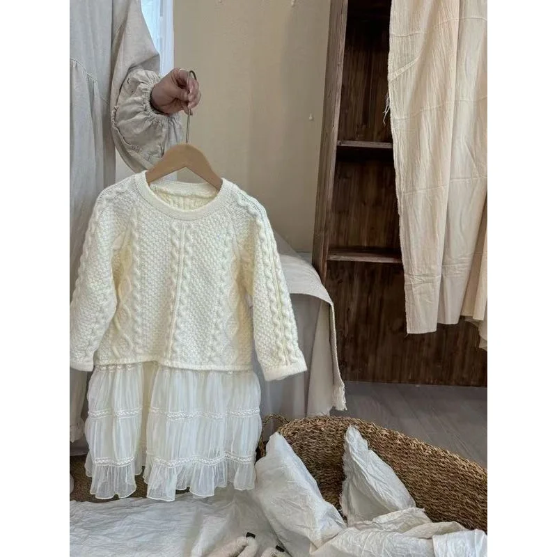 Children's Dress Autumn Winter Girls' Fried Dough Twists Knits Patchwork Mesh Dress Children's Sweater Princess Dress