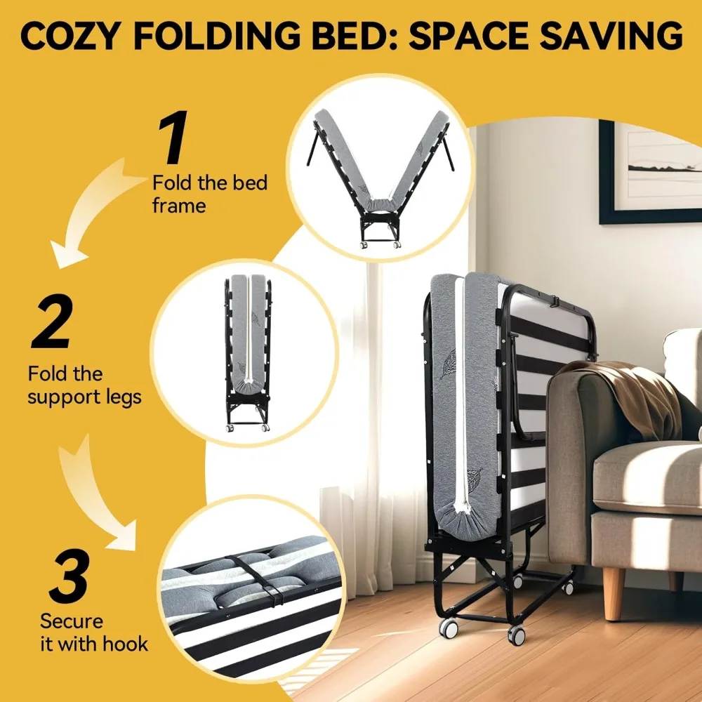 سرير قابل للطي مع مرتبة للبالغين، سرير قابل للطي بحجم واحد مع إطار معدني قوي وإطار خشبي، ضيوف قابل للطي، #5