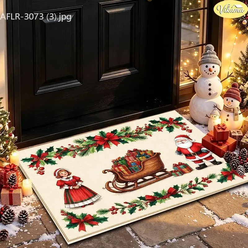 VIKAMA Mr Mrs Santa Sleigh Holly Entryway Rug Non Slip Low Profile Mats for Outside Front Door Xmas Winter Decor Washable
