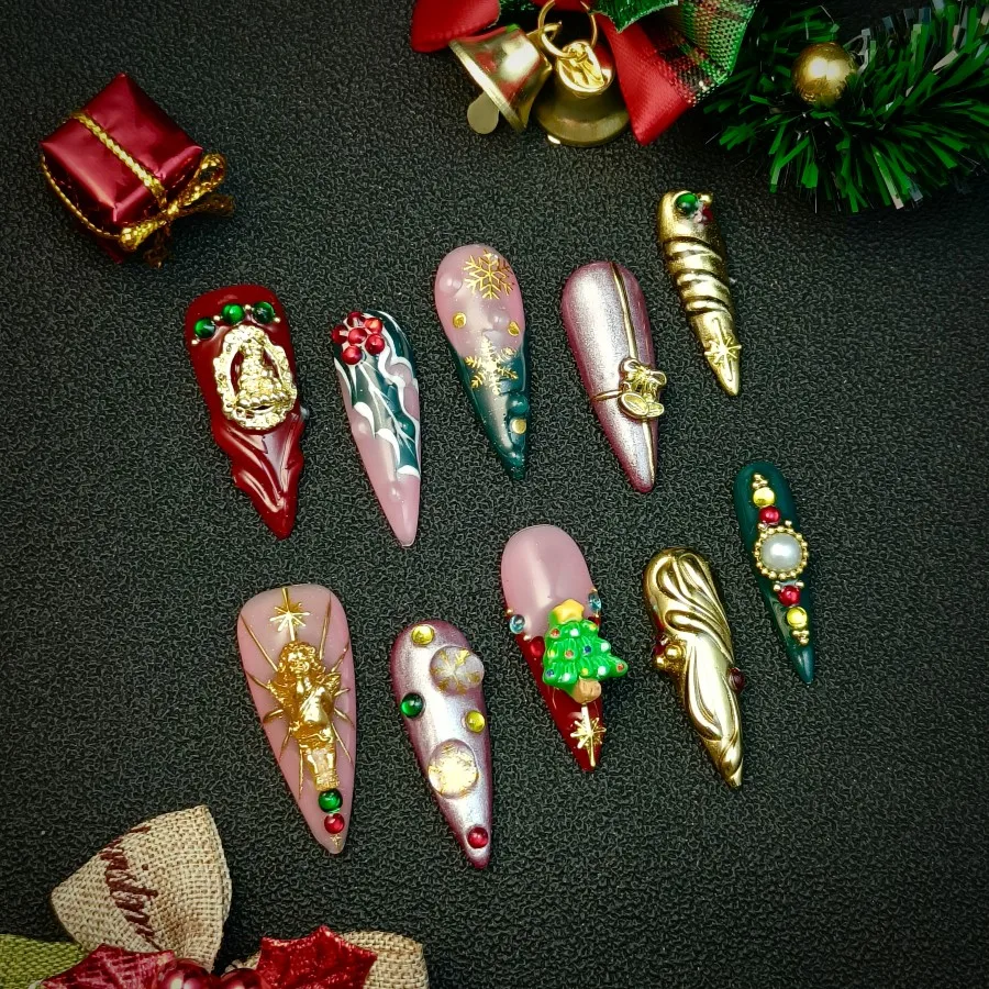 Christmas handmade press on fake nails, 10pcs, hand-painted patch on fake nails, long pointed style, finished nail set,