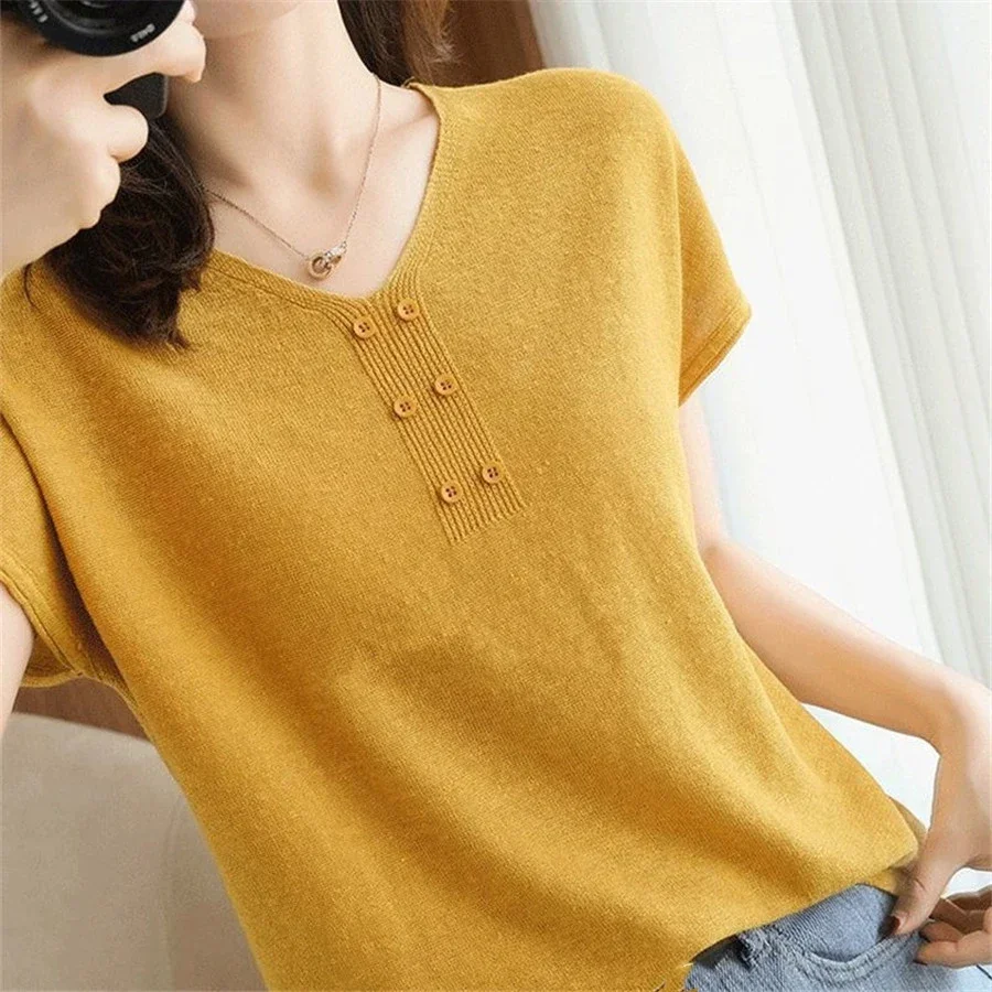 2023 Sommer Kurzarm Top Neue Frauen Kaschmir Pullover Koreanische Mode Pullover Kurzarm Pullover T-Shirt Frauen T-Shirt 6986