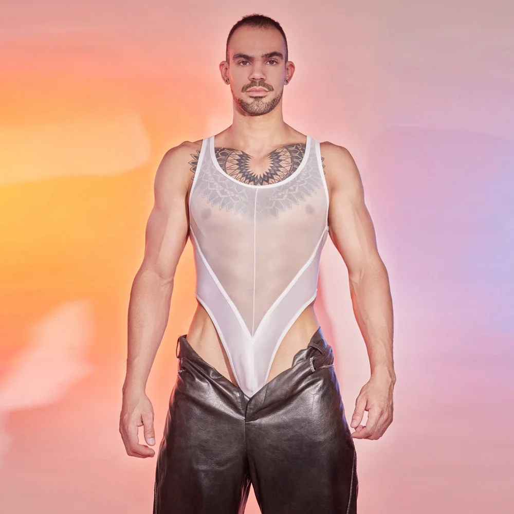 Men's Sexy Lingerie thin See Through Bodysuit Oil Glossy adult Swimsuit Elastic Jumpsuits Undershirt Muscle Tops Night Club Wear