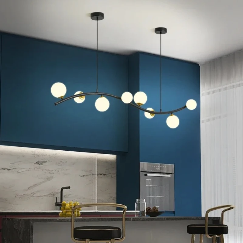 الشمال بسيط الحديثة الحديد لمطعم بار متجر الملابس طويل مستقيم قضيب ماجيك فول الأسود كرة زجاجية مصباح LED الثريا #4