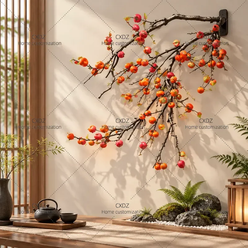 New Chinese Zen Style Artificial Persimmon Tree Wall Mounted Hanging Decor for Hotel Restaurant Interior Landscaping