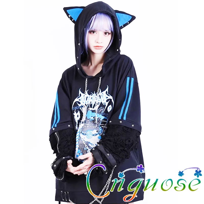 2024 japanische süße Punk-Stil Kapuze Langarm Frauen Hoodie, Mädchen Reiß verschluss Katzen ohren Niet Ketten riemen Unisex Herren Hoodie