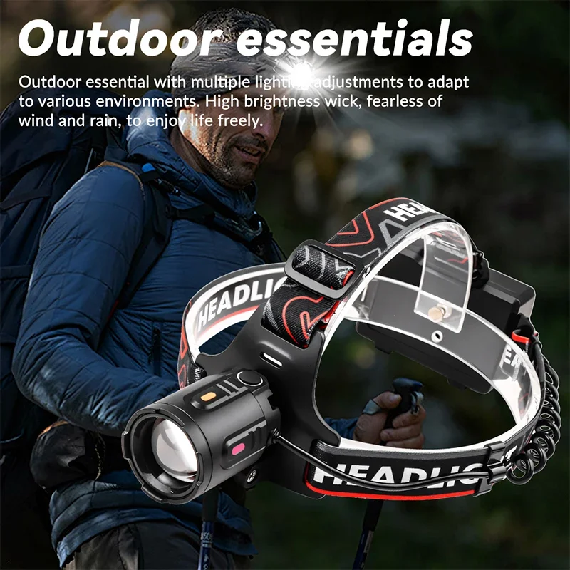 New headlight with strong light zoom, rechargeable head-mounted charging, outdoor long-range shooting and long battery life