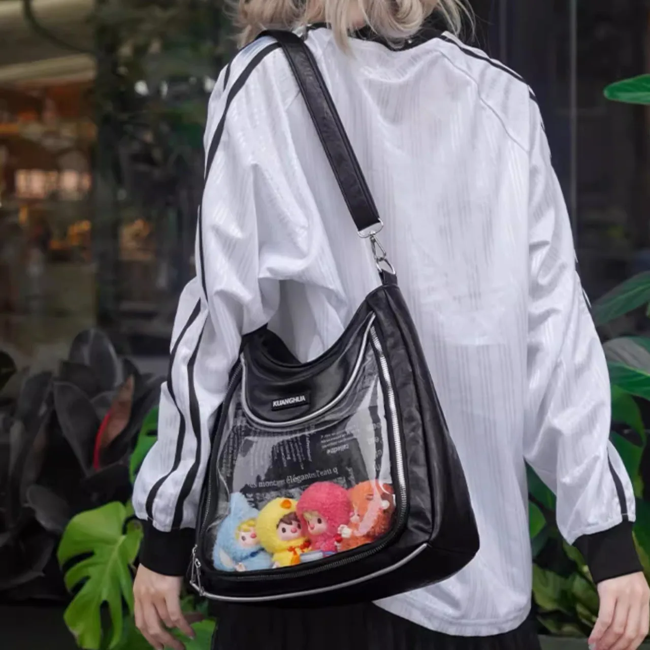 Large Capacity Black Bag Waterproof Ita Bag Transparent Window 20cm Doll Badge Display Shoulder Bags for Women Daily Commute