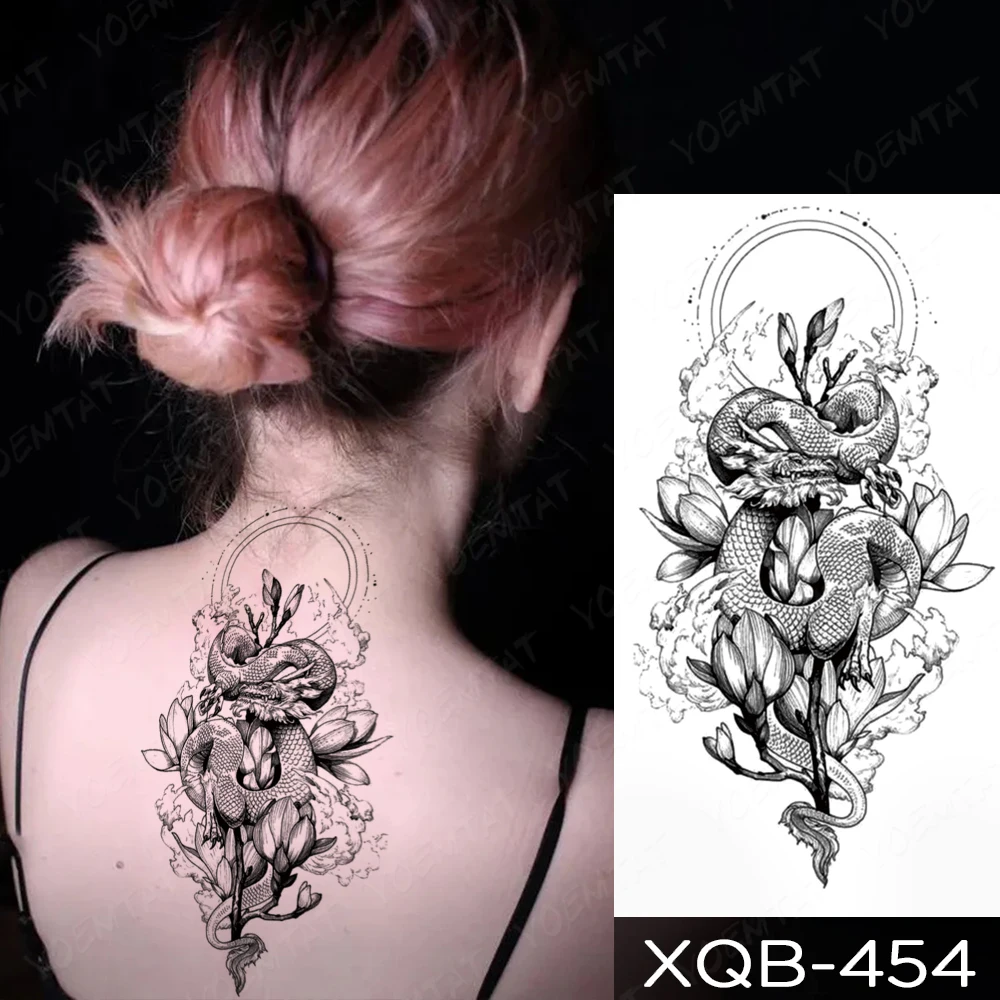 Dragon Transfer Waterdichte Tijdelijke Tattoo Sticker Black Snake Peony Rose Bloemen Flash Tatto Arm Body Art Nep Tatoo Vrouwen Mannen