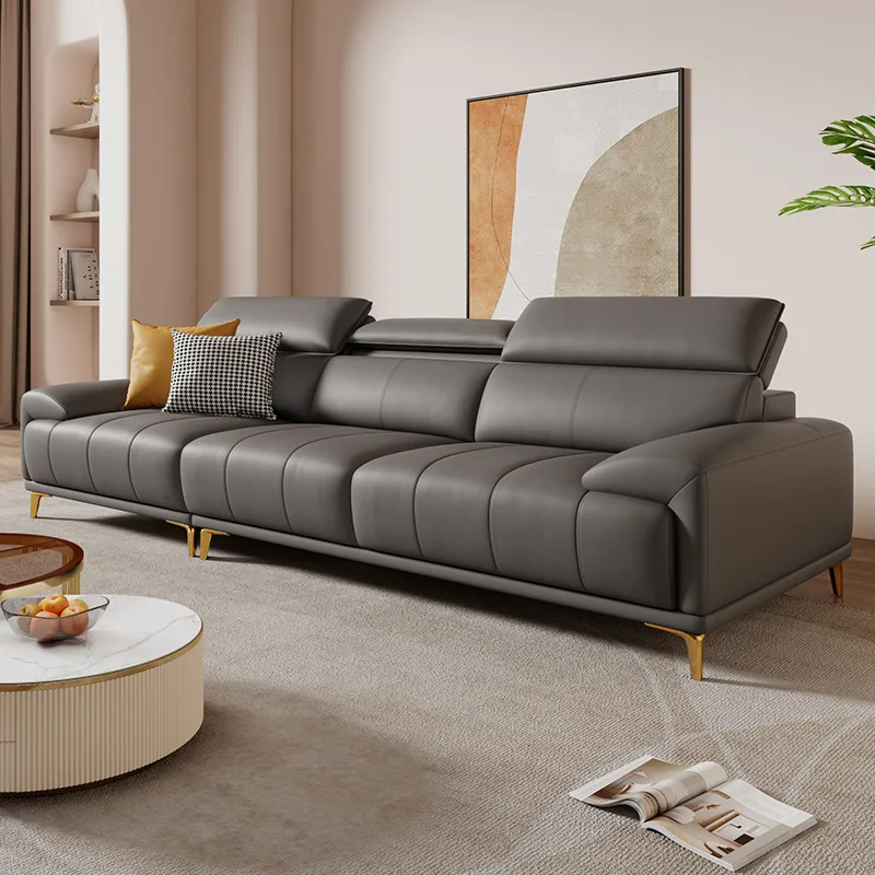 

Leather sofa first layer cowhide modern simple light luxury head rest adjustable straight row sofa advanced cream style new