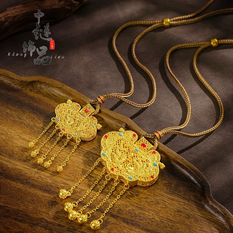 9999 gold enamel Tianzi Men student lock bag pendant, new Chinese style dragon and phoenix auspiciousness tassel lock pendant