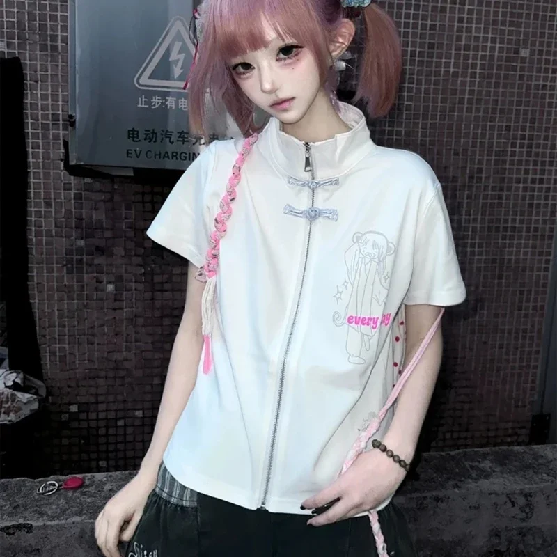 Japanese Graphic T Shirt Women Second Dimension Anime Print Short Sleeve Cardigan Y2K Pure Cotton Stand Collar Kawaii Tops