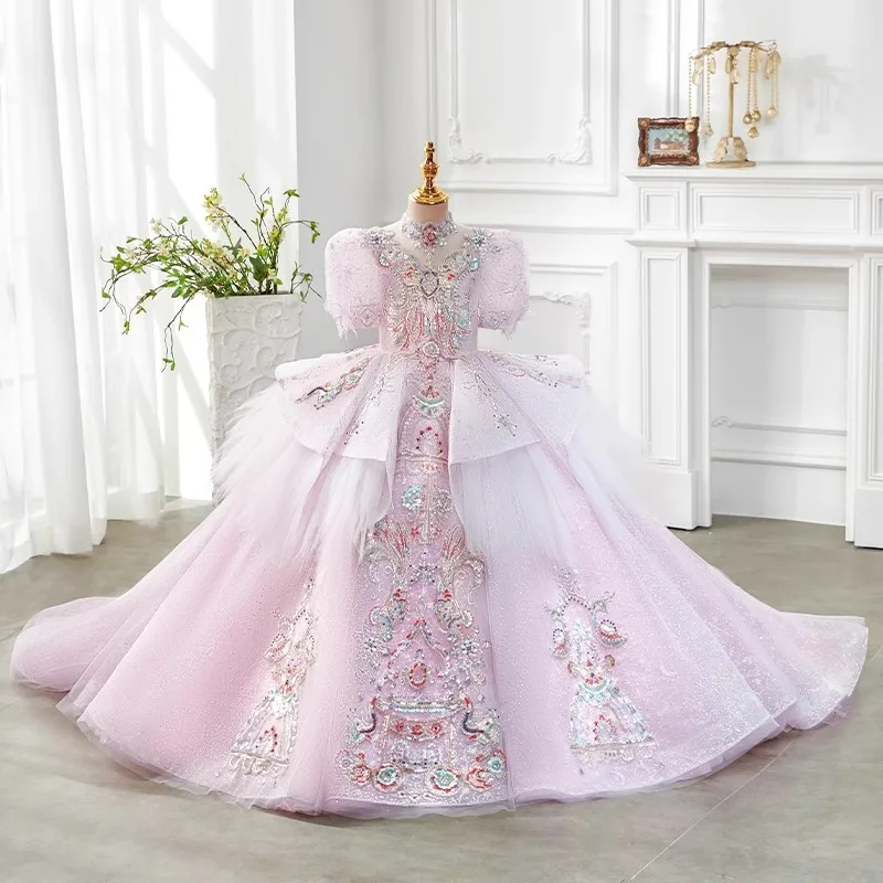 New Girls Dress Pink Kids Host Piano Performance Gown Birthday Princess Formal Party Celebration Evening Clothes Eid Mubarak