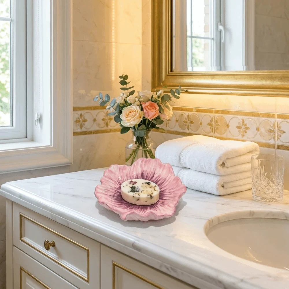 Fashionable Petal Shaped Ceramic Soap Dish Exquisite Decorative Soap Holder Versatile Drain Soap Box Guest Bathroom
