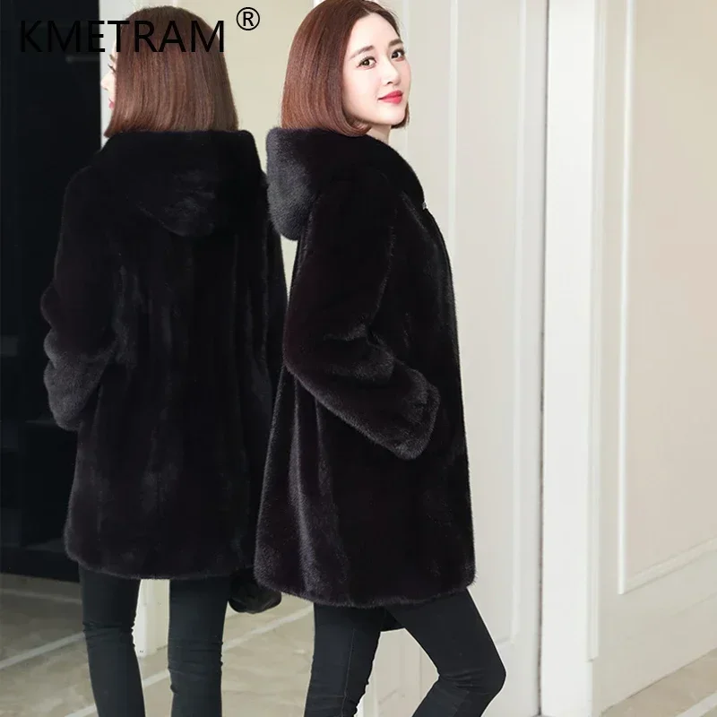 High-end Real Fur Coat Women Luxury Autumn Winter Natural Mink Fur Jacket Hooded Mid-length Mink Trench Coat Jaqueta Feminina