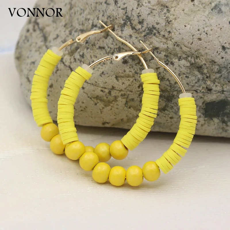 VONNOR Jewelry Bohemian Earrings for Women Trendy Polymer Clay Wood Bead Hoop Earrings Accessories Wholesale Gift Female Girls