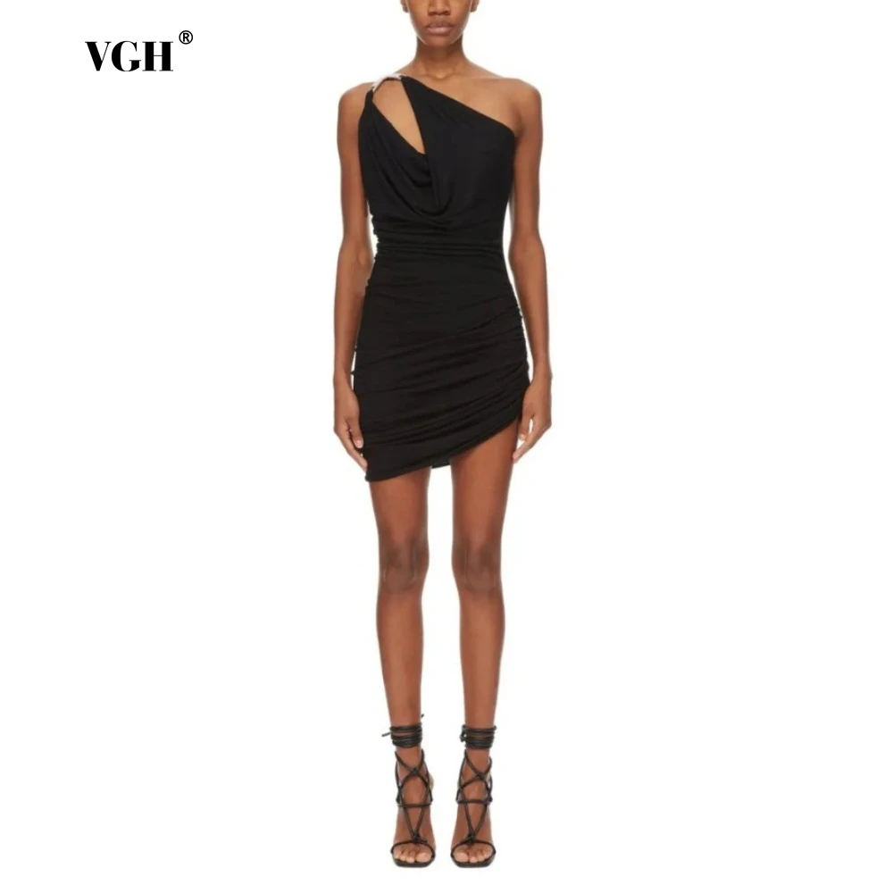 

VGH Black Color Sexy Style Short Dresses for Women Diagonal Collar Off The Shoulder High Wait Patchwork Folds Club Dress Female