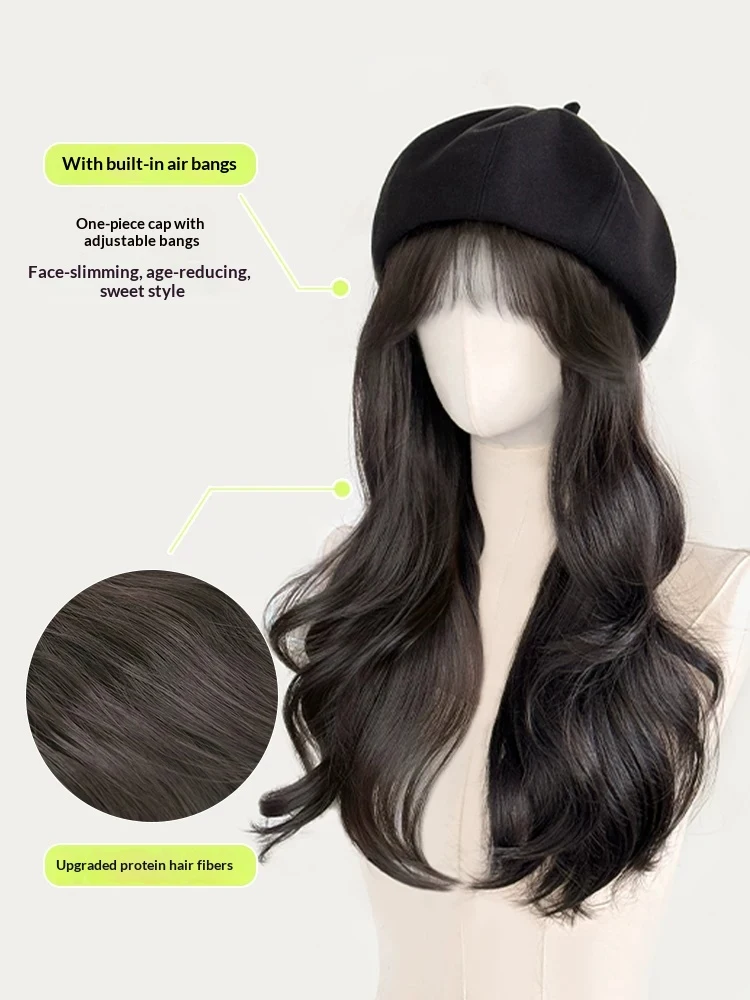 Synthetic 16 Inch Black Beret Big Wave Long Curly Wig Water Wave Baseball Cap Duck Tongue Hat Fisherman Hat Wig Christmas