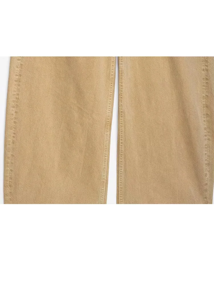 Celana Jeans Wanita HH 2025 Musim Gugur Model Vintage Warna Ocher Pinggang Rendah Kaki Lebar Warna Solid Dengan Saku Resleting Celana Lurus Mujer
